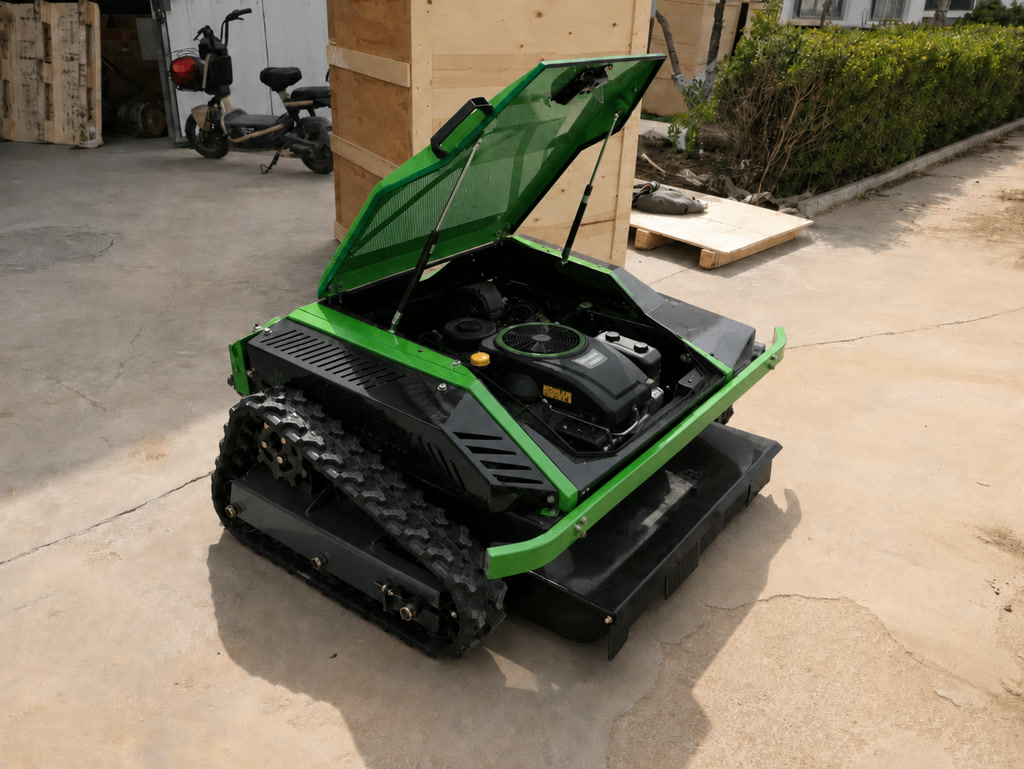 Remote control lawn mower engine compartment